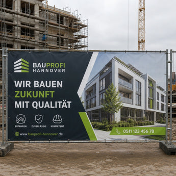 Bauzaunbanner – ein individuell bedrucktes Werbebanner für ein Bauunternehmen, das an einem Bauzaun vor einer Großbaustelle befestigt ist und neben Werbebotschaften eine Visualisierung eines modernen mehrstöckigen Wohngebäudes zeigt.