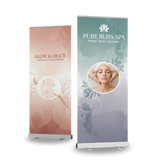 Zwei Werbeaufsteller für Kosmetik und Spa mit Beauty-Motiven in sanften Farben. Edle Roll-Up Banner drucken lassen.