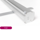 Detailansicht der Aluminium-Kassette mit Standfuß für das Modell Budget. Günstig und stabil Roll-Up Banner drucken.