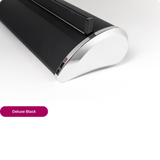 Detailansicht der eleganten, schwarzen Standkassette Modell Deluxe Black mit Chromkappen. Premium Roll-Up Banner drucken.