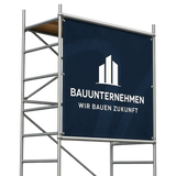 Gerüstbanner drucken für Bauunternehmen, großes Banner am Baugerüst mit Logo und Werbebotschaft, wetterfest und individuell bedruckt
