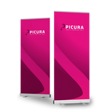 Zwei magentafarbene Messeaufsteller mit PICURA-Logo in silberner Standkassette. Hochwertige Roll-Up Banner drucken lassen.