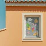 Fenster verziert mit bunten Stickern wie Kaktus und Eis. Für solche kreativen Motive können Sie Klebefolie drucken.
