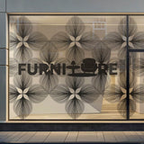 Schaufenster mit floralem Muster und Furniture Schriftzug. Für solche großen Designs können Sie Klebefolie drucken.