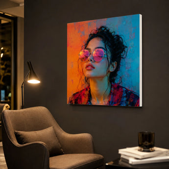 Leinwand Bedrucken – ein modernes, farbenfrohes Porträt einer jungen Frau mit runder Sonnenbrille in intensivem orange-blauem Neonlicht, das als Wandbild an einer dunklen Wand über einem grauen Sessel hängt.