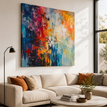 Leinwand Bedrucken – ein großes, farbenfrohes abstraktes Kunstwerk, das in einem lichtdurchfluteten Wohnzimmer als stilvolle Wanddekoration über einem beigen Sofa hängt.