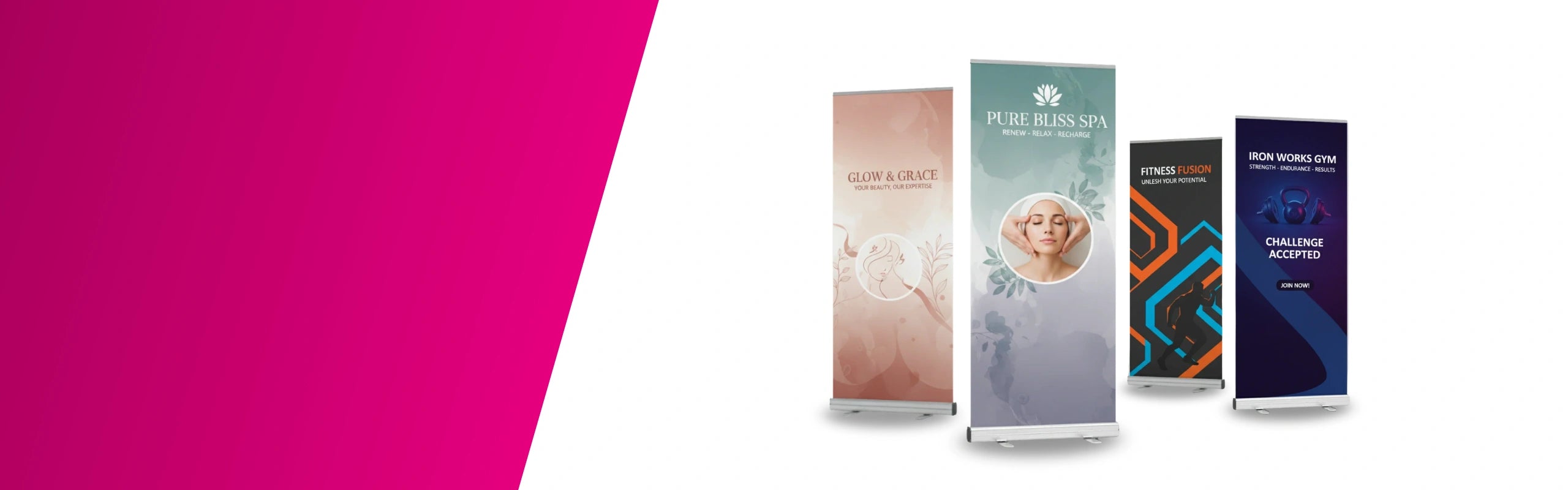 Eine vielseitige Auswahl an professionell bedruckten Roll-Up Displays für verschiedene Branchen wie Wellness, Beauty und Fitness, die die hohe Druckqualität und Design-Vielfalt zeigen.