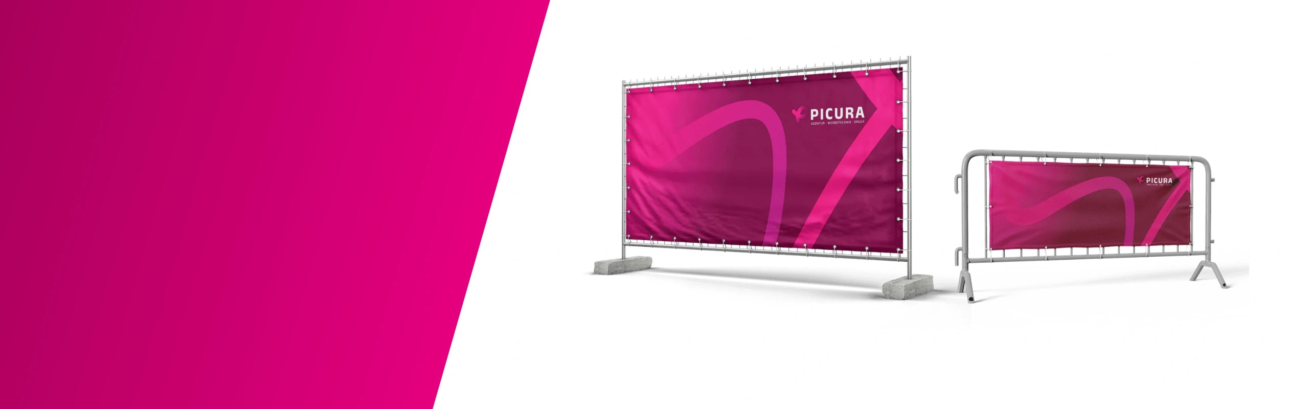 PVC Werbebanner und Bauzaunbanner mit Ösen befestigt an Bauzaun und Absperrgitter – ideal für Außenwerbung und Baustellenmarketing
