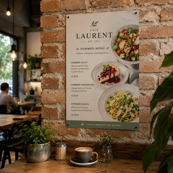 Poster drucken – ein ästhetisches Speisekarten-Poster für ein Café mit ansprechenden Food-Fotos eines Sommer-Menüs, das dekorativ an einer rustikalen Backsteinwand hängt.
