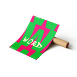 Poster drucken – Ein auffälliges Grafik-Poster mit abstrakten Formen in Neongrün und Pink sowie dem Schriftzug „WORD“, das zusammen mit einer stabilen Papp-Versandrolle präsentiert wird.