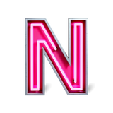 Ein 3D-Profilbuchstabe 'N' mit pinkfarbener LED-Neonbeleuchtung in einem silbernen Metallrahmen. Moderne Leuchtwerbung.