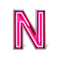 Ein 3D-Profilbuchstabe 'N' mit pinkfarbener LED-Neonbeleuchtung in einem silbernen Metallrahmen. Moderne Leuchtwerbung.