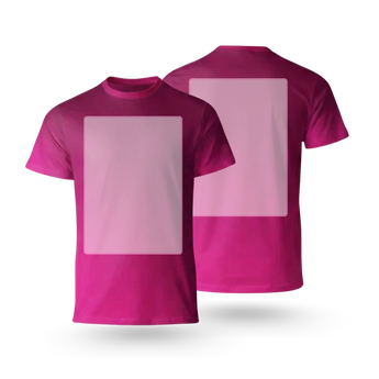 T-Shirt bedrucken – Eine grafische Darstellung von zwei T-Shirts in kräftigem Magenta (Pink), die sowohl die Vorderseite als auch die Rückseite mit markierten Platzhaltern für einen individuellen Logo- oder Motivdruck zeigen.