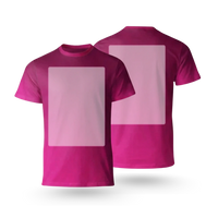 T-Shirt bedrucken – Eine grafische Darstellung von zwei T-Shirts in kräftigem Magenta (Pink), die sowohl die Vorderseite als auch die Rückseite mit markierten Platzhaltern für einen individuellen Logo- oder Motivdruck zeigen.