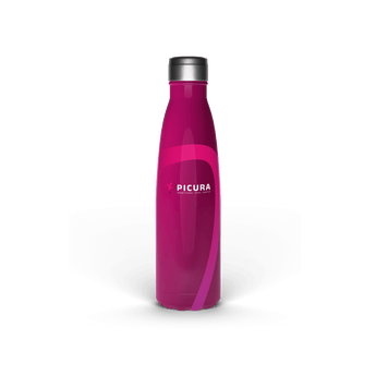 Thermobecher bedrucken lassen – Magenta Isolierflasche mit PICURA Logo und silbernem Deckel vor transparentem Hintergrund.