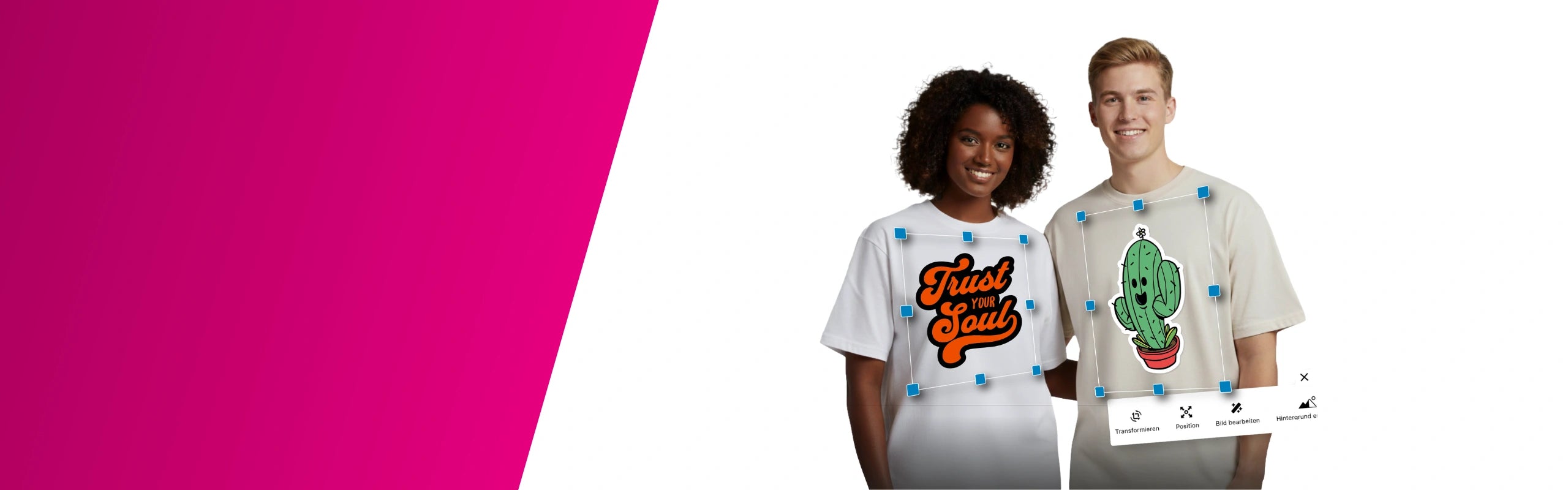 Zwei Personen tragen individuell bedruckte T-Shirts mit eigenem Design – erstellt über einen Online-Designer mit Upload- und Bearbeitungsfunktion