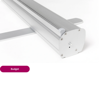 Detailansicht der Aluminium-Kassette mit Standfuß für das Modell Budget. Günstig und stabil Roll-Up Banner drucken.