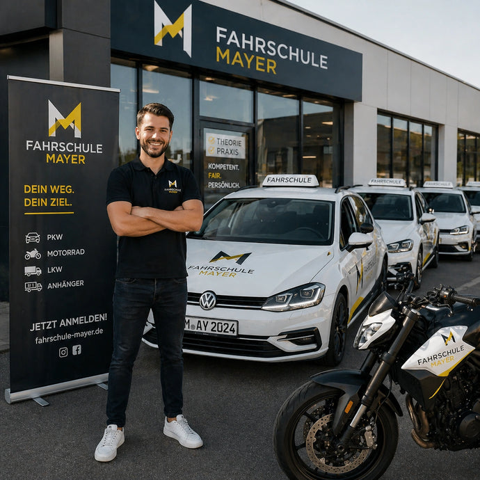 Ein lächelnder Fahrlehrer steht vor einer Fahrschul-Filiale mit beschrifteten Autos, einem Motorrad und einem schwarzen Werbeaufsteller.