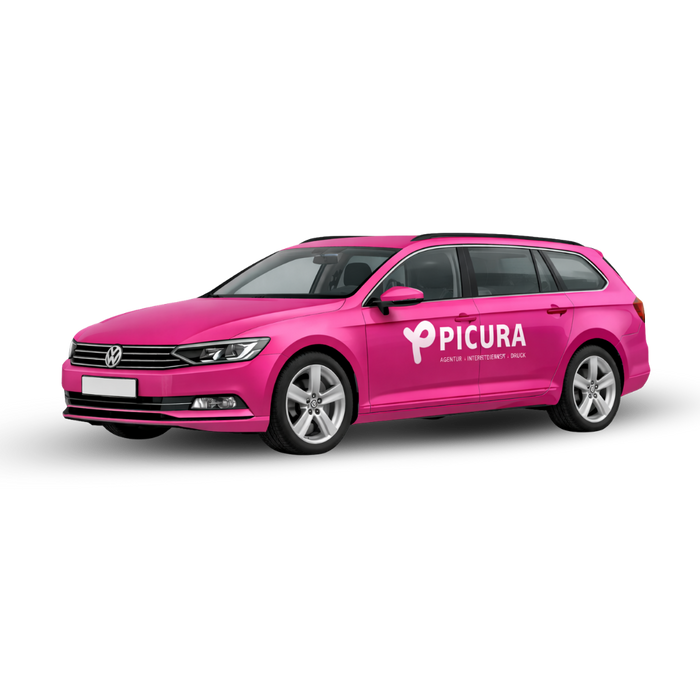Fahrzeug Vollfolierung eines Firmen Kombis mit pinker Autofolie und Picura Logo als Beispiel für eine komplette Fahrzeugwerbung.