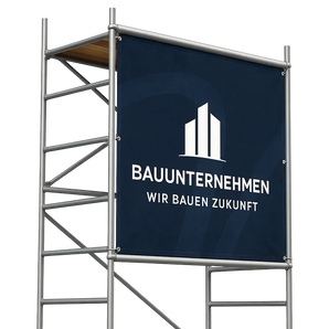 Gerüstbanner drucken für Bauunternehmen, großes Banner am Baugerüst mit Logo und Werbebotschaft, wetterfest und individuell bedruckt