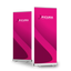Zwei magentafarbene Messeaufsteller mit PICURA-Logo in silberner Standkassette. Hochwertige Roll-Up Banner drucken lassen.
