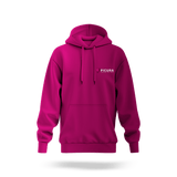 Hoodie bedrucken – ein magenta-pinker Hoodie mit einem professionellen weißen PICURA WERBETECHNIK DRUCK AGENTUR Logo-Aufdruck auf der Brust als hochwertiges Beispiel für Textildruck.