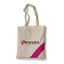 utebeutel bedrucken – Eine cremefarbene Baumwolltasche mit langem Henkel, bedruckt mit dem PICURA Logo und einem markanten magenta-farbenen Streifen als Beispiel für individuellen Textildruck.