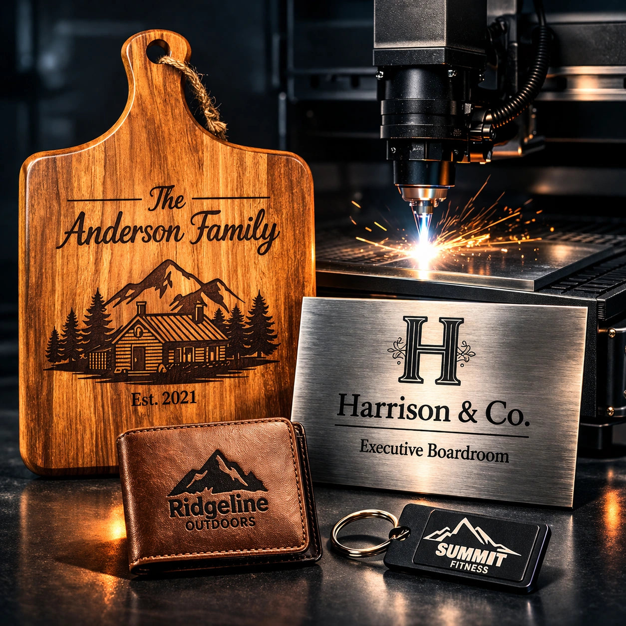 Personalisierte Holz-, Metall- und Lederprodukte mit hochwertiger Lasergravur Bonn neben einer Gravurmaschine.