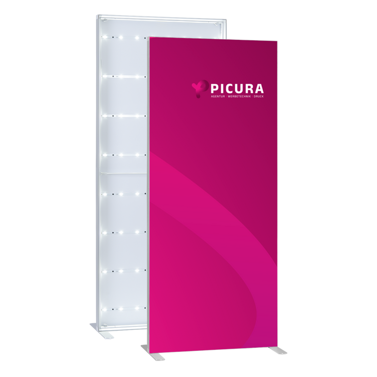 Lightbox LED – Ein moderner, freistehender LED-Leuchtrahmen (Leuchtkasten) für den Messebau, der im Hintergrund die LED-Technik zeigt und im Vordergrund mit einem individuell bedruckten, magenta-farbenen Textilbanner mit Picura-Branding bespannt ist.