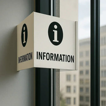 Weißes Informations-Nasenschild an einer Wand. Lassen Sie Ihr individuelles Maklerschild in diesem Format drucken.