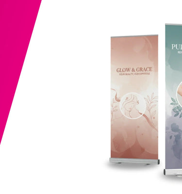 Eine vielseitige Auswahl an professionell bedruckten Roll-Up Displays für verschiedene Branchen wie Wellness, Beauty und Fitness, die die hohe Druckqualität und Design-Vielfalt zeigen.
