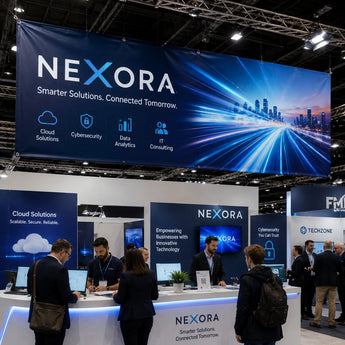 PVC Werbebanner der Firma NEXORA, das als großformatiges Deckensegel über einem Messestand hängt. Das blaue Banner zeigt IT-Dienstleistungen wie Cloud Solutions und Cybersecurity und ist stabil mit Ösen an einer Traversen-Konstruktion in einer Messehalle befestigt.