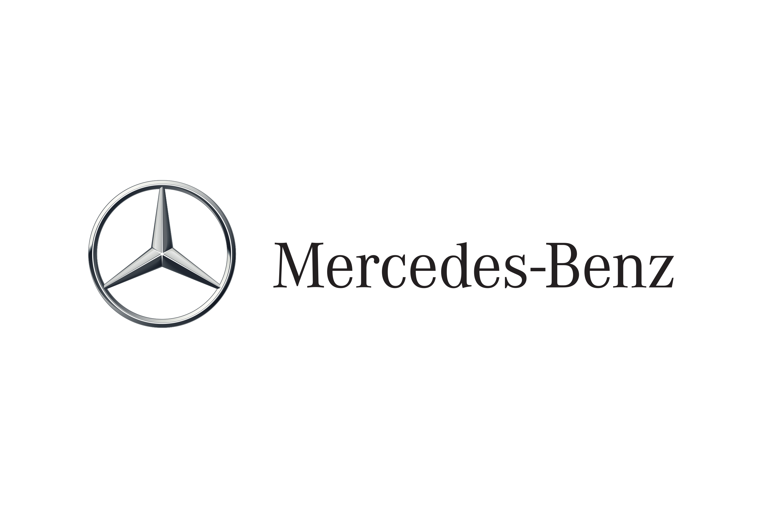 Referenz der Picura GmbH – Der ikonische Mercedes-Benz Stern in glänzender Chrom-Optik neben dem Markenschriftzug auf transparentem Hintergrund, als Beispiel für exzellentes Automotive-Branding und hochwertige Werbetechnik.