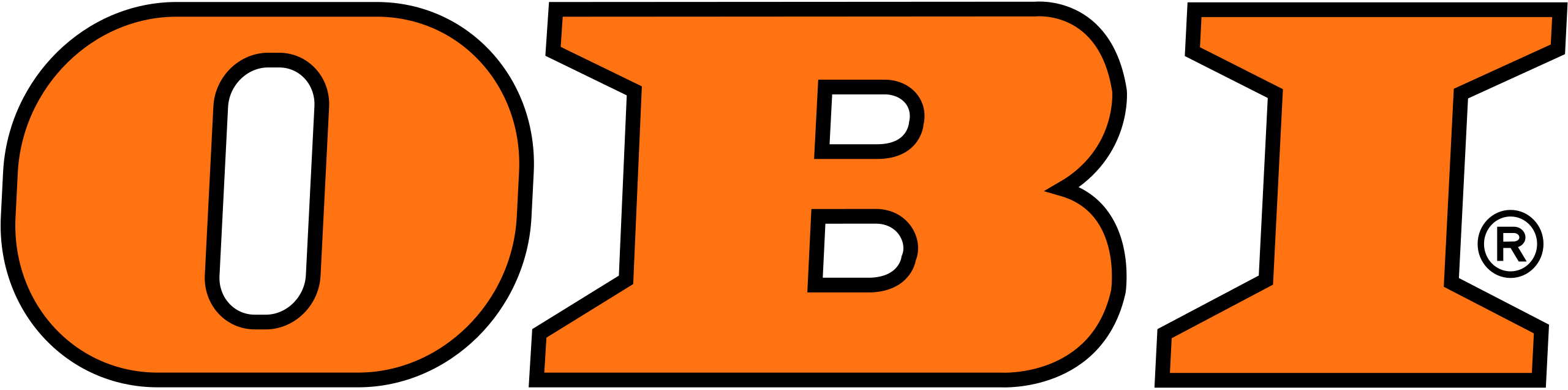 Referenz der Picura GmbH – Das markante orangefarbene OBI Logo auf transparentem Hintergrund, umgesetzt als professionelles Projekt für großformatige Werbetechnik und Filialbeschriftung.