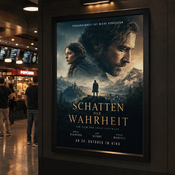 Poster drucken – ein großes, gerahmtes Kinoplakat für den Film "Schatten der Wahrheit", das beleuchtet in einem Kino-Foyer hängt und eine dramatische Berglandschaft mit Charaktergesichtern zeigt.