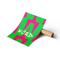 Poster drucken – Ein auffälliges Grafik-Poster mit abstrakten Formen in Neongrün und Pink sowie dem Schriftzug „WORD“, das zusammen mit einer stabilen Papp-Versandrolle präsentiert wird.