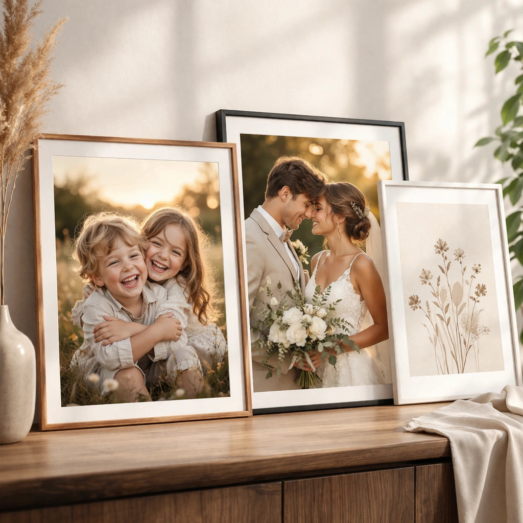 Poster drucken mit persönlichen Motiven: Gerahmte Kinder- und Hochzeitsfotos stilvoll auf einer Kommode präsentiert.
