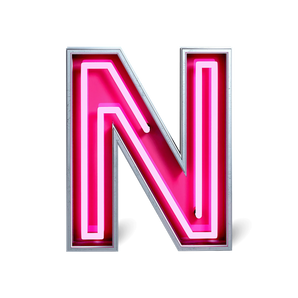 Ein 3D-Profilbuchstabe 'N' mit pinkfarbener LED-Neonbeleuchtung in einem silbernen Metallrahmen. Moderne Leuchtwerbung.
