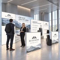 Messestand Set 16 von Picura: beleuchtete Messewand mit bedrucktem Textil, aufgebaut in einer Messehalle