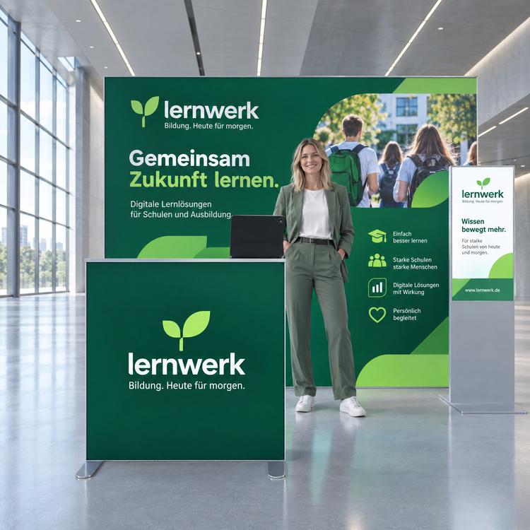 Messestand Set 04 von Picura: beleuchtete Messewand mit bedrucktem Textil, aufgebaut in einer Messehalle