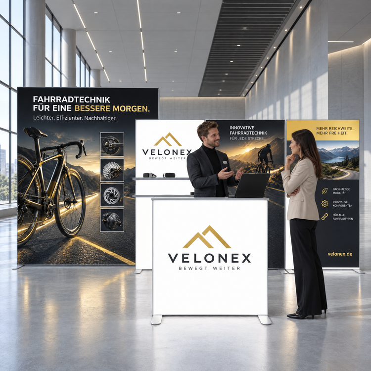 Messestand Set 07 von Picura: beleuchtete Messewand mit bedrucktem Textil, aufgebaut in einer Messehalle