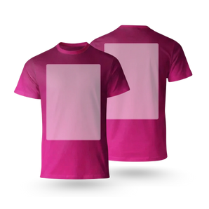 T-Shirt bedrucken – Eine grafische Darstellung von zwei T-Shirts in kräftigem Magenta (Pink), die sowohl die Vorderseite als auch die Rückseite mit markierten Platzhaltern für einen individuellen Logo- oder Motivdruck zeigen.