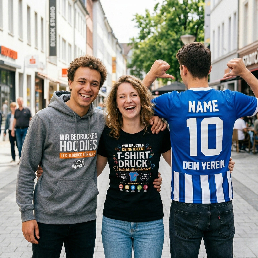 T-Shirt bedrucken Bonn: Drei Personen präsentieren individuell bedruckte Hoodies, Shirts und Trikots in der Fußgängerzone.