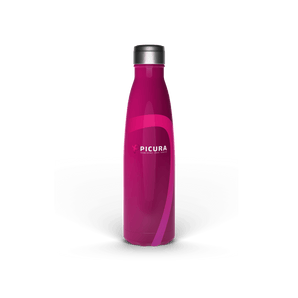 Thermobecher bedrucken lassen – Magenta Isolierflasche mit PICURA Logo und silbernem Deckel vor transparentem Hintergrund.