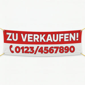 Rot-weißes Werbebanner mit "Zu Verkaufen" und Telefonnummer. Bei uns können Sie auch passende Roll-Up Banner drucken.