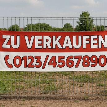 Ein rot-weißes "Zu Verkaufen" Werbebanner, das an einem Metallzaun befestigt ist. Wir können auch Roll-Up Banner drucken.