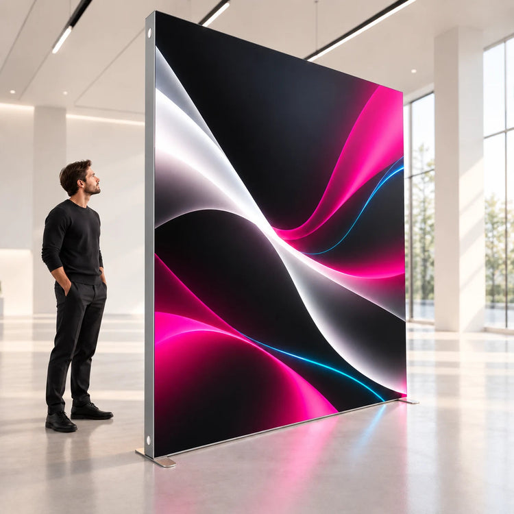 SEGO Lightbox Textilspannrahmen 2000 × 2500 mm, beleuchtet, im Ausstellungsraum
