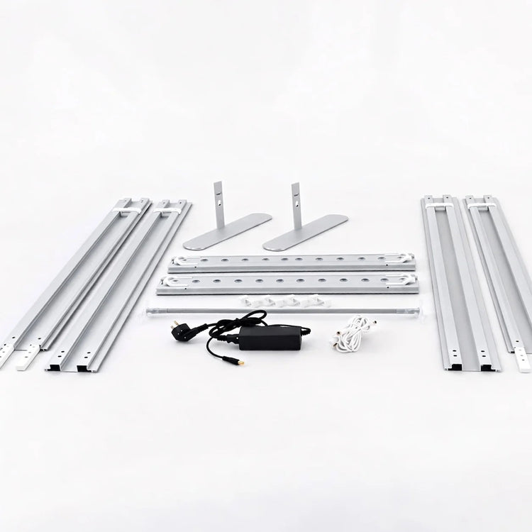 Lieferumfang des SEGO-Lightbox-Systems: Aluminiumprofile, Standfuesse, LED-Leiste, Netzteil, Kabel und Verbinder